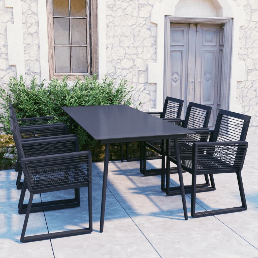 vidaXL Modern PVC Rattan and Powder-Coated Steel Patio Dining Set - Includes Rectangular Table and Six Armchairs - Weather-Resistant, Easy Assembly - Black