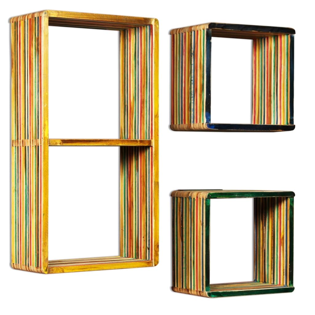 vidaXL 3 x Recycled Solid Teak Wall Shelves Multi-Coloured Bookcase