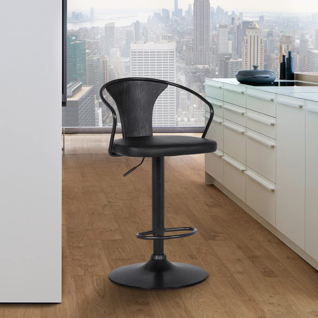 HomeRoots Black Steel,Faux Leather,Plywood Black Faux Leather & Metal Base Adjustable Bar Stool