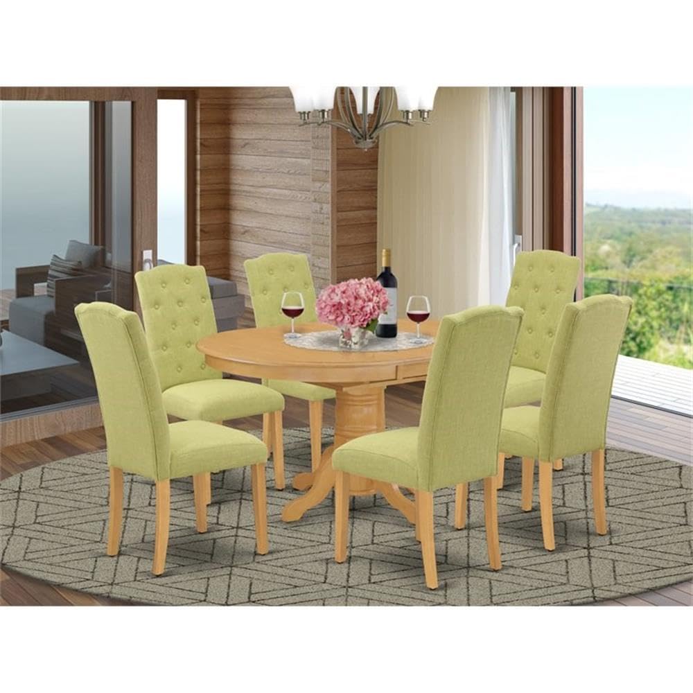 East West Furniture Avce7-Oak-07 7 Piece Modern Dining Table Set Consist Of An Oval Wooden Table With Butterfly Leaf And 6 Limelight Linen Fabric Parson Chairs, 42X60 Inch, Oak