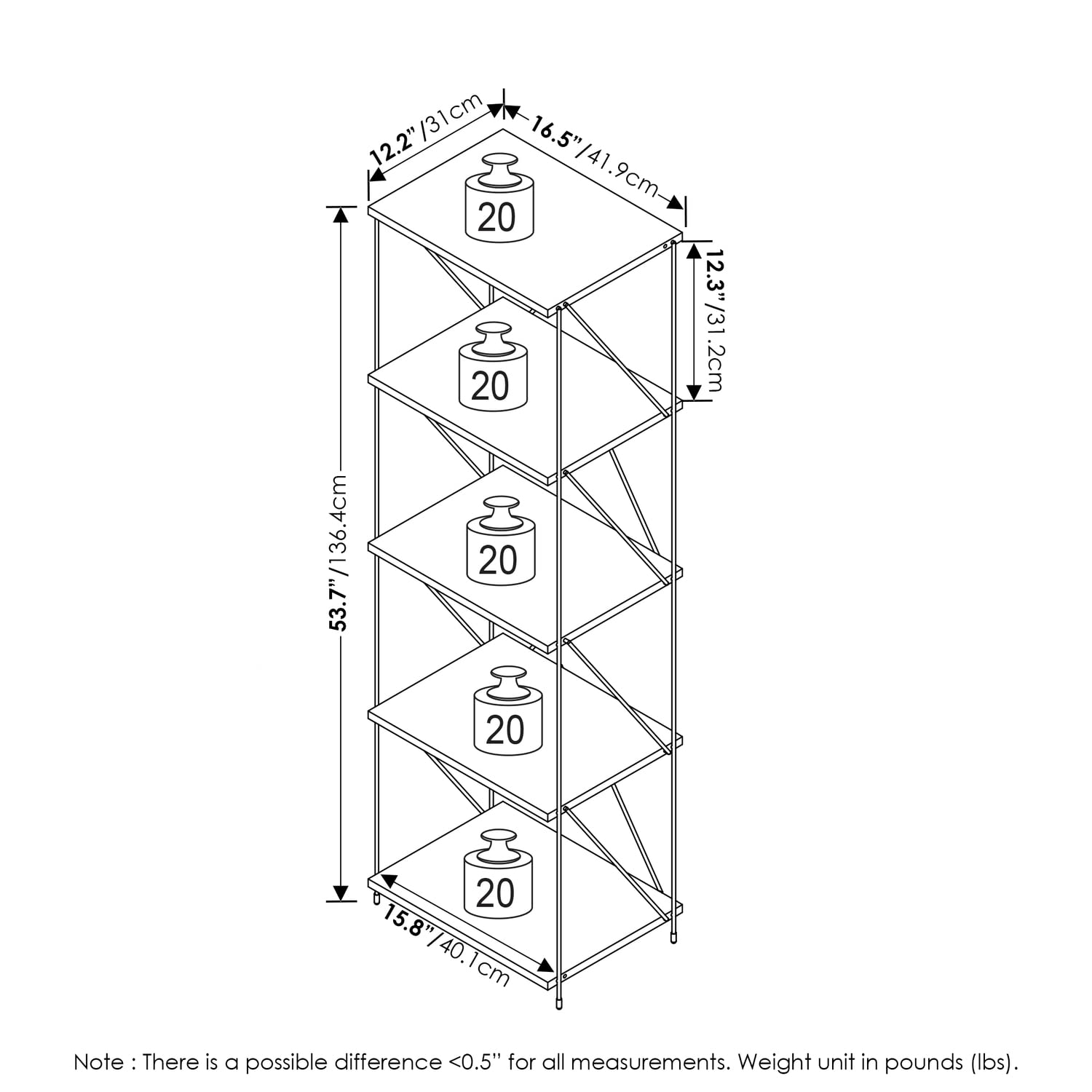 Furinno Besi 5-Tier Industrial Multipurpose Shelf Display Rack with Metal Frame, Narrow, Walnut Cove