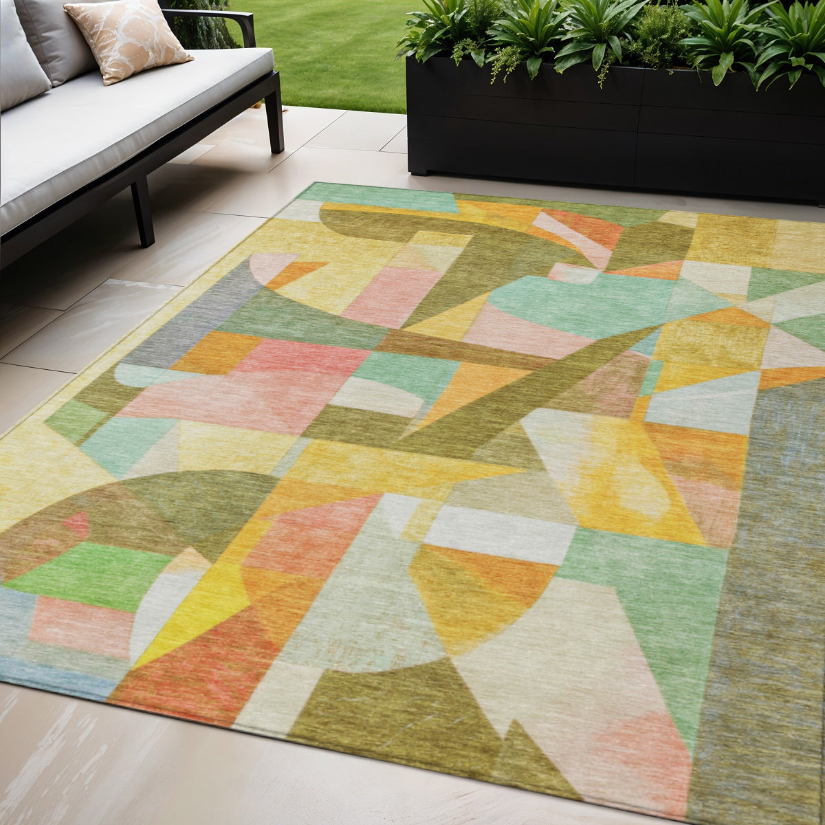 5 X 8 Wheat Orange Green And Ivory Abstract Washable Indoor Outdoor Area Rug