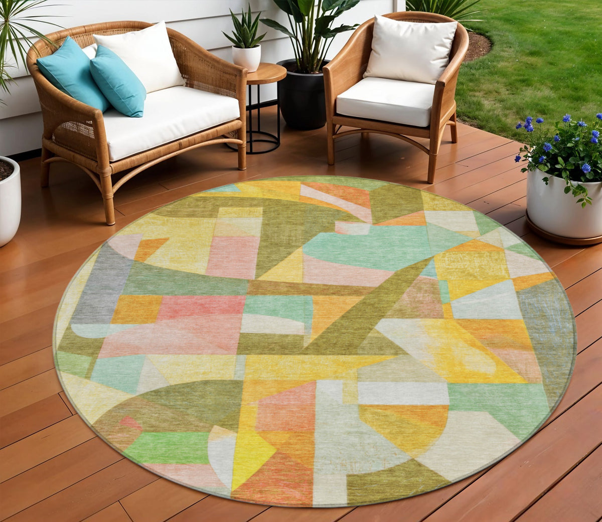 8 Wheat Orange Green And Ivory Round Abstract Washable Indoor Outdoor Area Rug