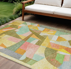 8 X 10 Wheat Orange Green And Ivory Abstract Washable Indoor Outdoor Area Rug