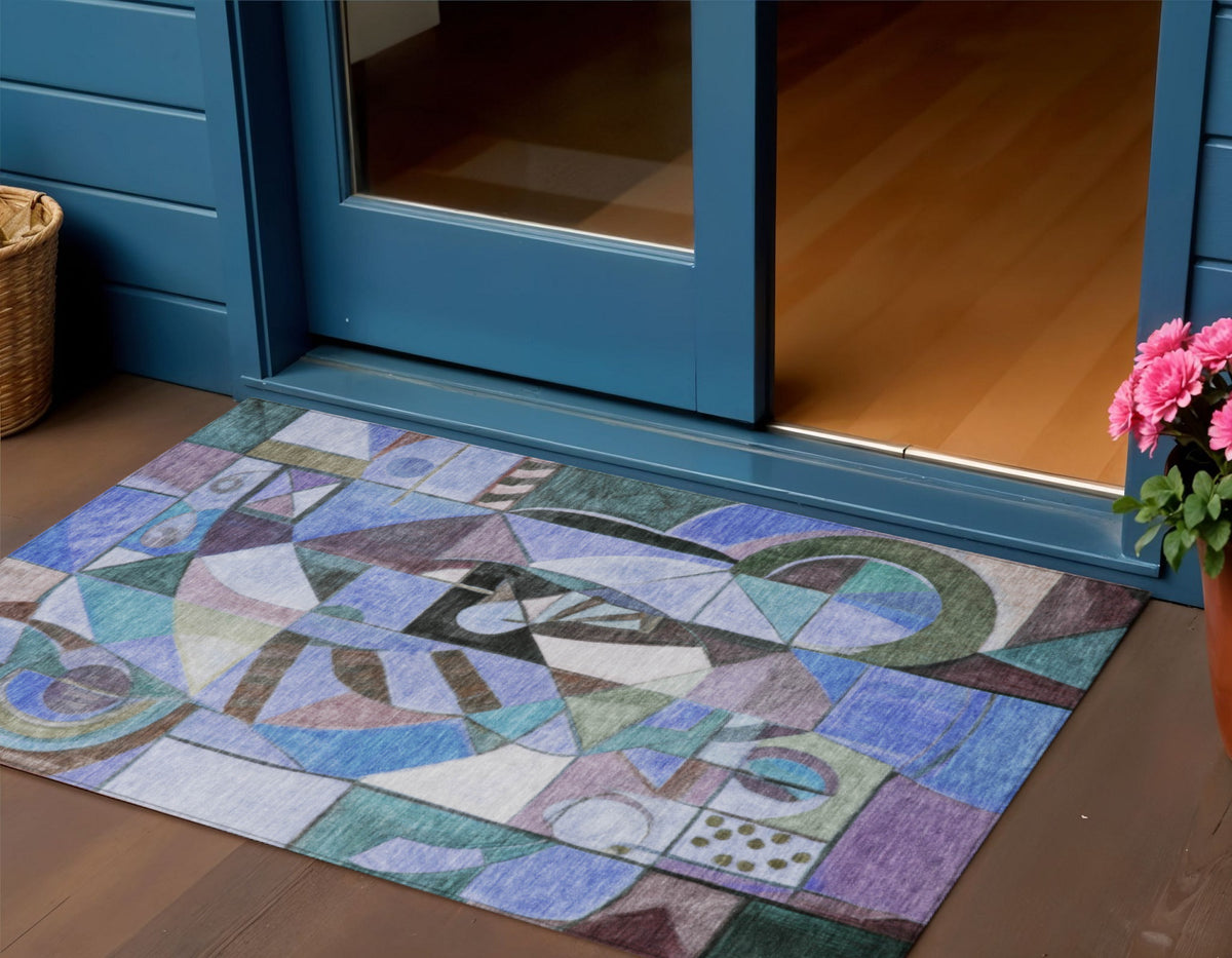 3 X 5 Green Blue Purple And Black Abstract Washable Indoor Outdoor Area Rug