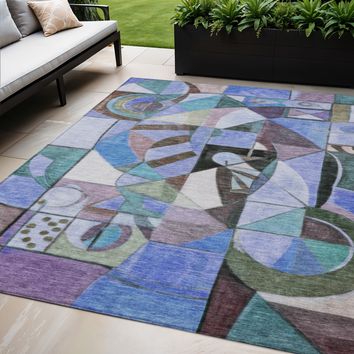 5 X 8 Green Blue Purple And Black Abstract Washable Indoor Outdoor Area Rug