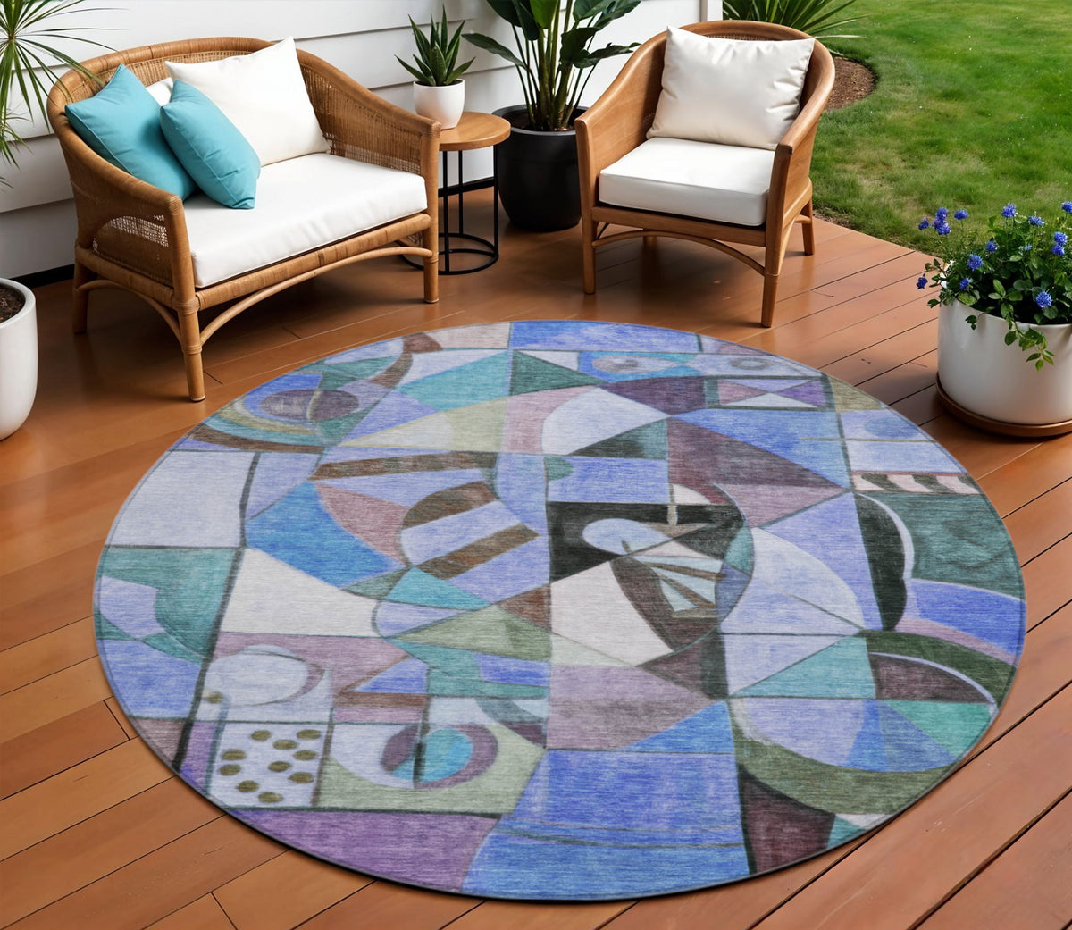 8 Green Blue Purple And Black Round Abstract Washable Indoor Outdoor Area Rug