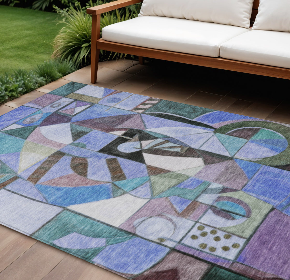 8 X 10 Green Blue Purple And Black Abstract Washable Indoor Outdoor Area Rug