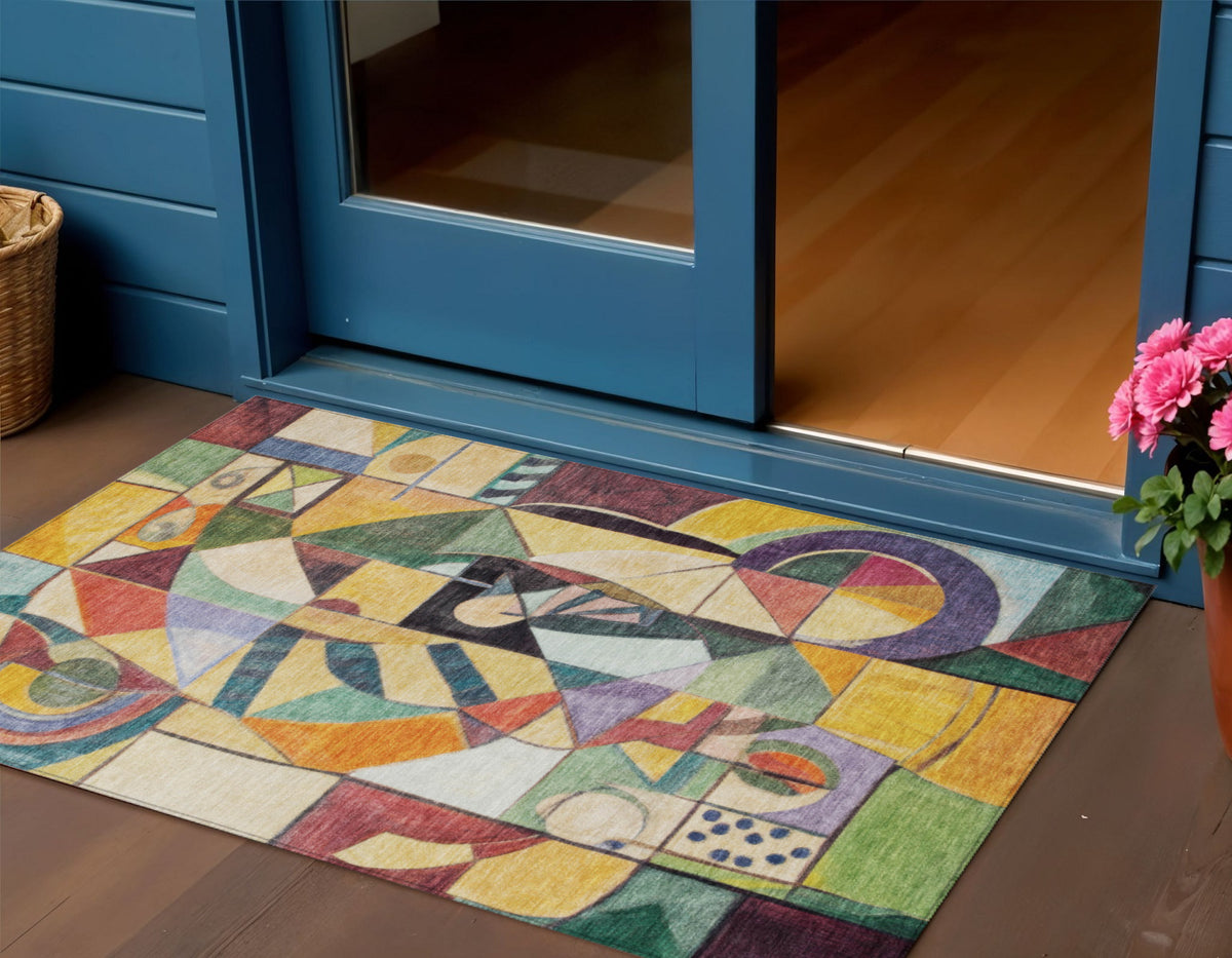 3 X 5 Gold Purple Orange And Blue Abstract Washable Indoor Outdoor Area Rug