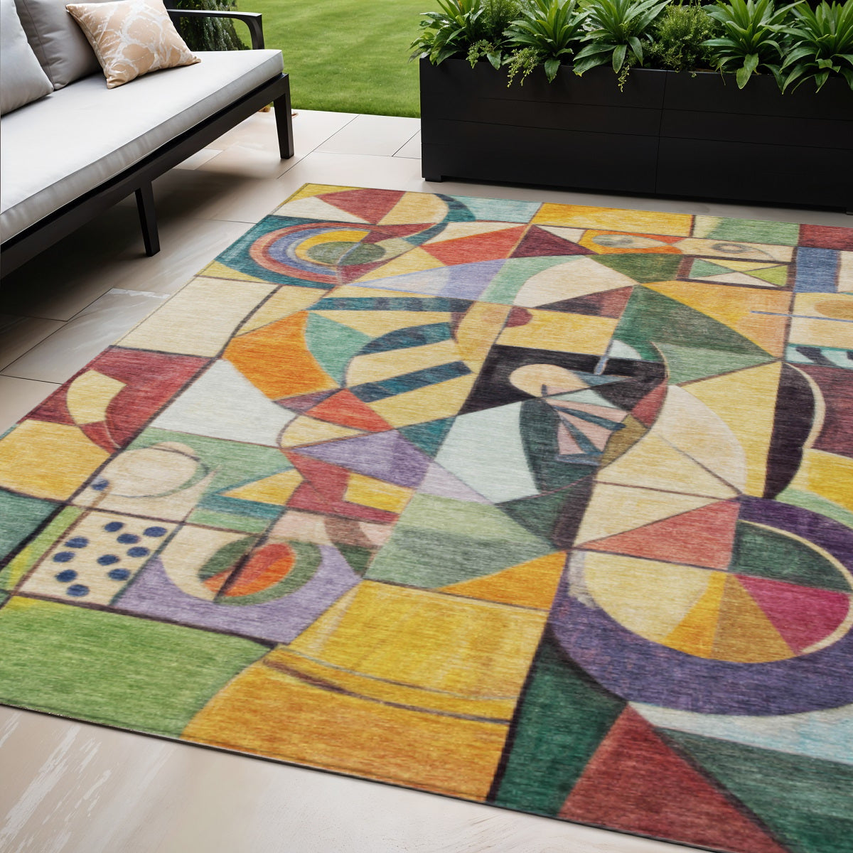 5 X 8 Gold Purple Orange And Blue Abstract Washable Indoor Outdoor Area Rug