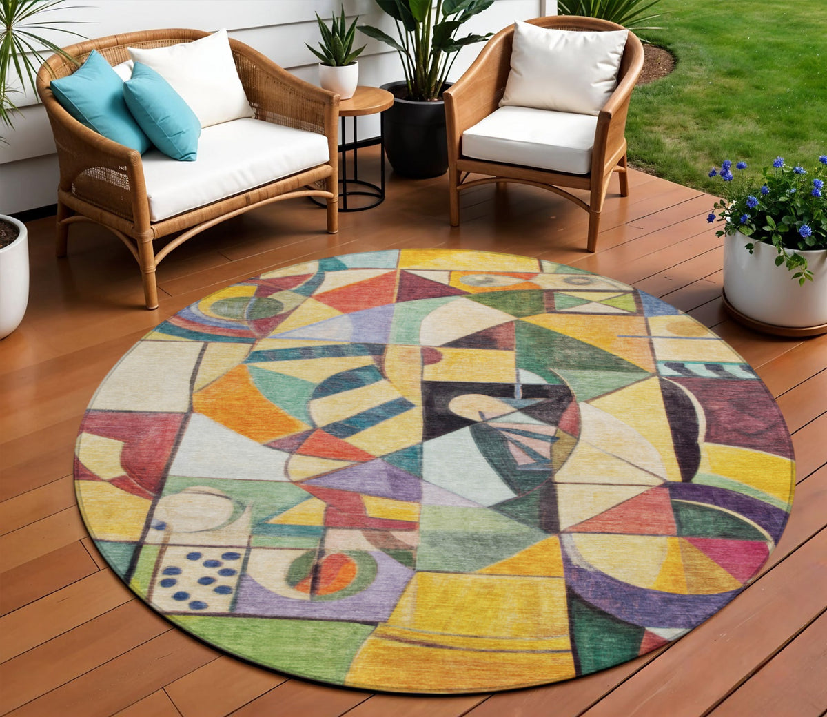 8 Gold Purple Orange And Blue Round Abstract Washable Indoor Outdoor Area Rug