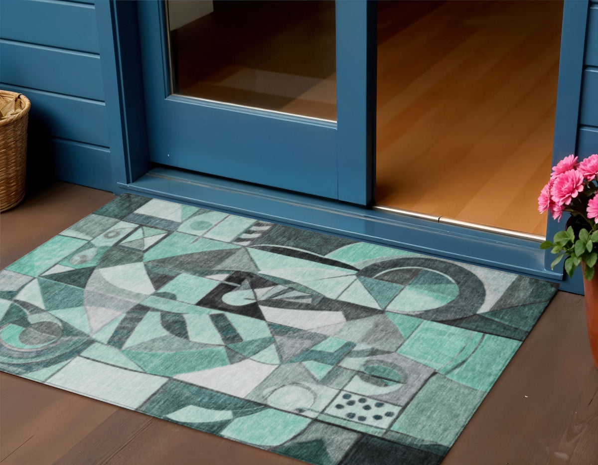 3 X 5 Teal Blue Black Ivory And Gray Abstract Washable Indoor Outdoor Area Rug