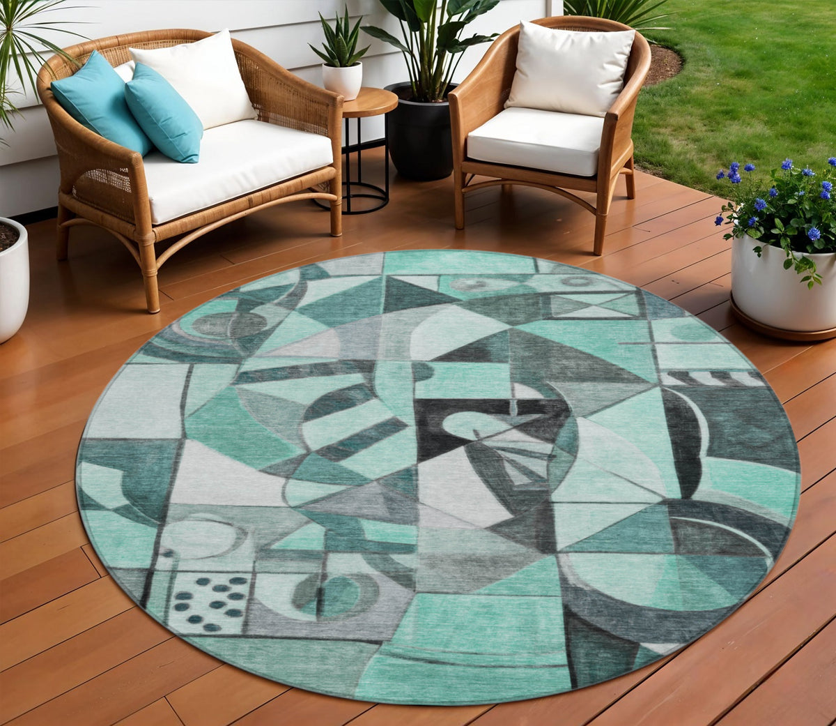 8 Teal Blue Black Ivory And Gray Round Abstract Washable Indoor Outdoor Area Rug