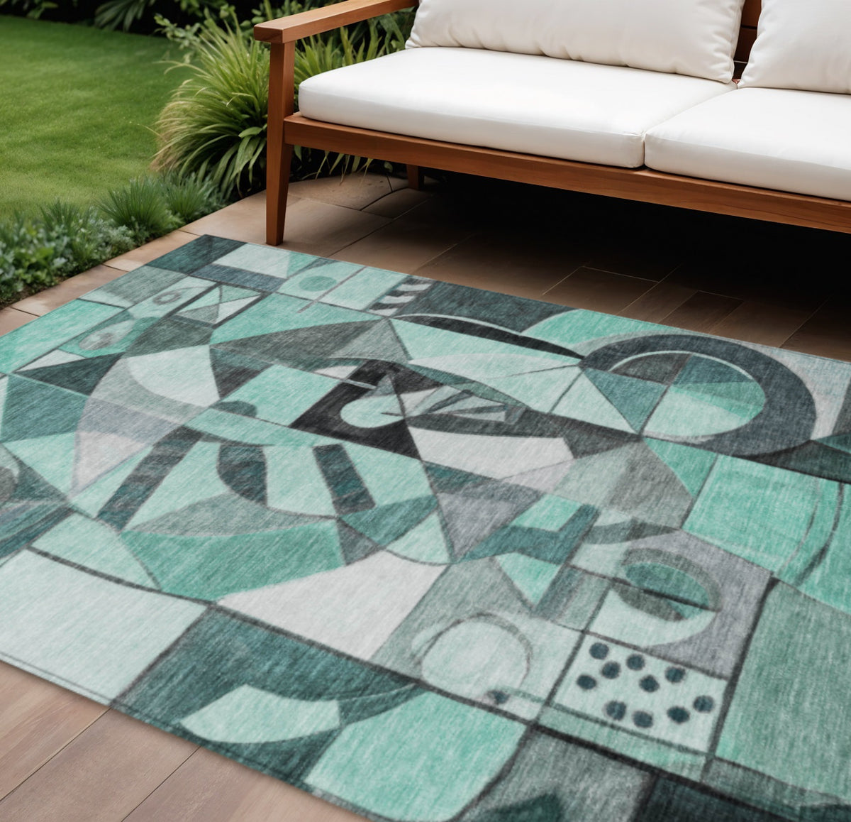 8 X 10 Teal Blue Black Ivory And Gray Abstract Washable Indoor Outdoor Area Rug