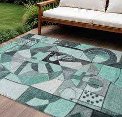 10 X 14 Teal Blue Black Ivory And Gray Abstract Washable Indoor Outdoor Area Rug