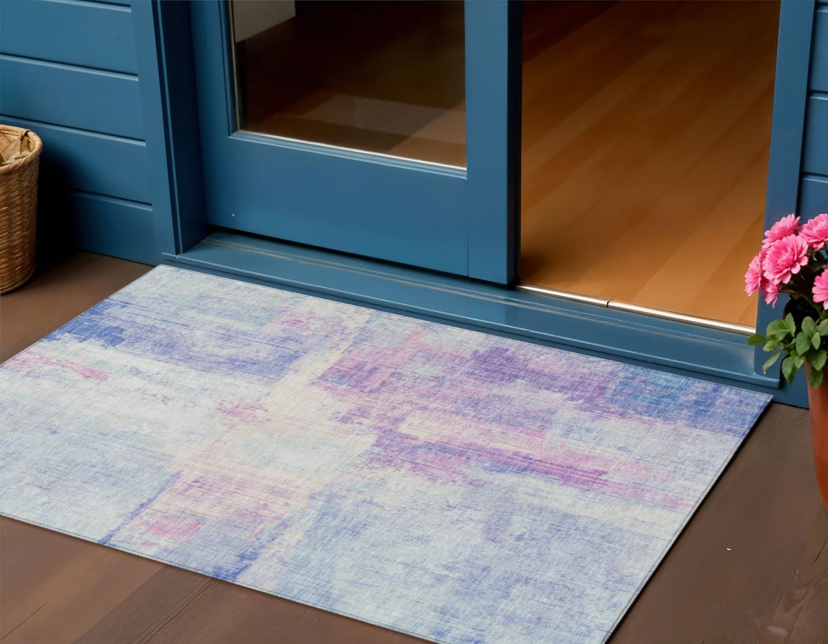 3 X 5 Sky Blue And Lavender Abstract Washable Indoor Outdoor Area Rug