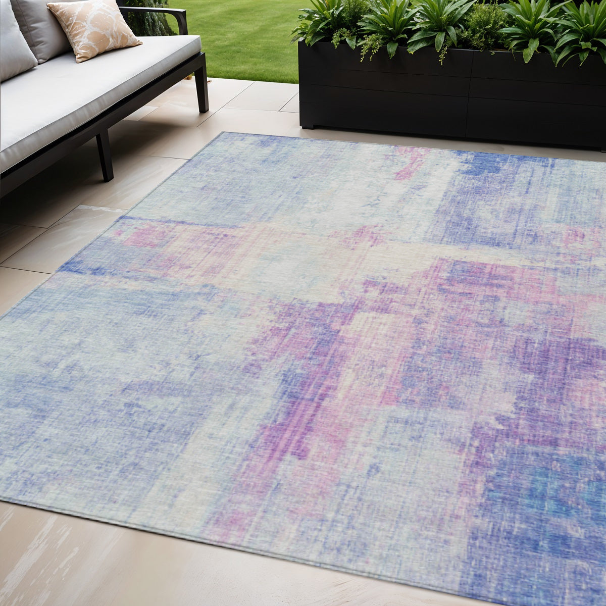 5 X 8 Sky Blue And Lavender Abstract Washable Indoor Outdoor Area Rug