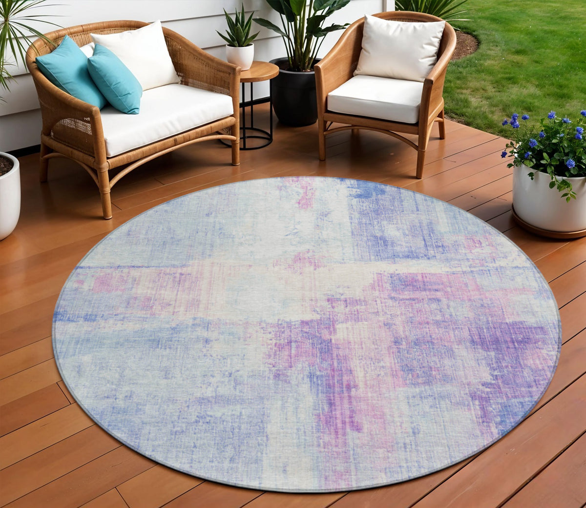 8 Sky Blue And Lavender Round Abstract Washable Indoor Outdoor Area Rug