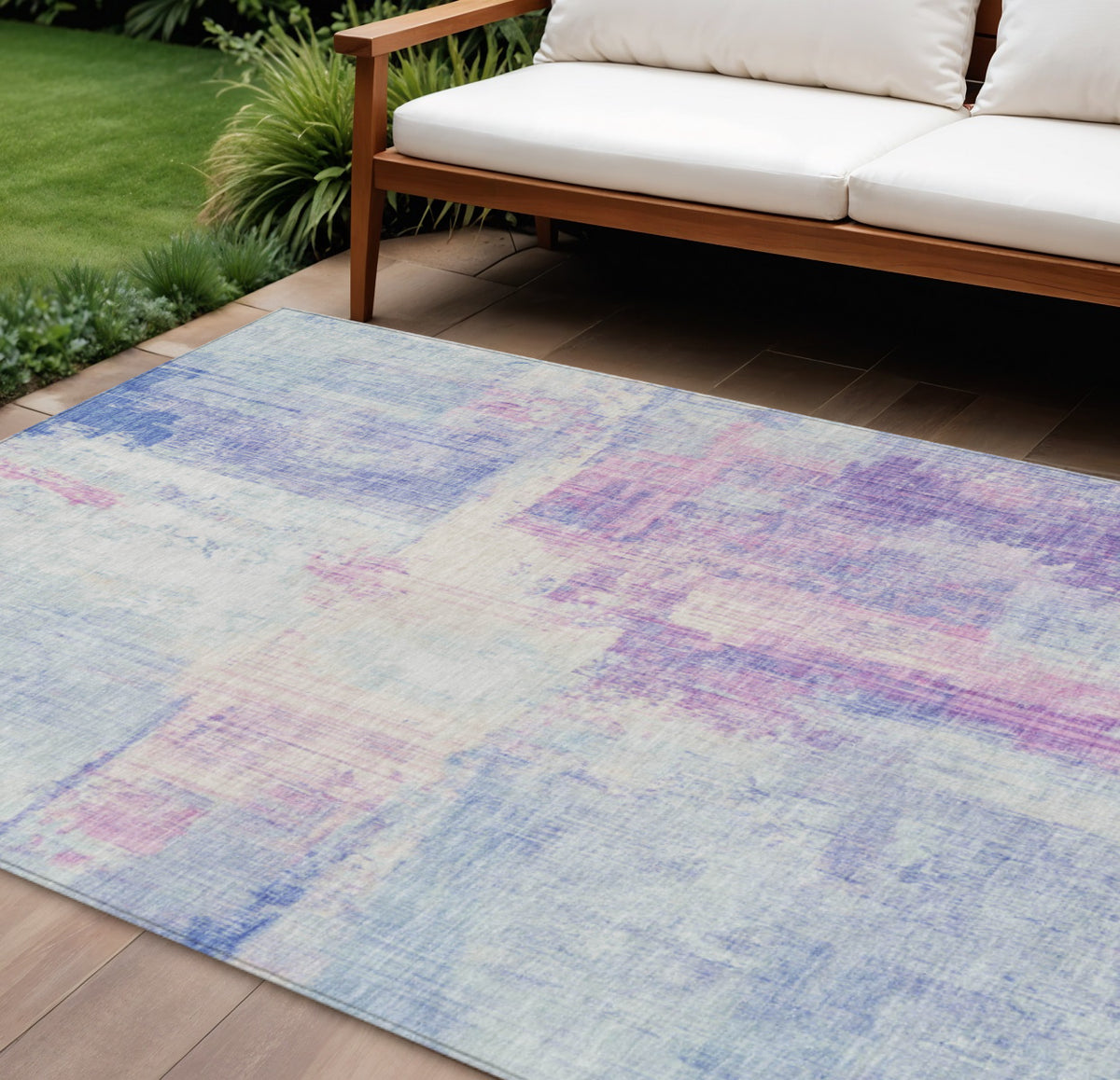 10 X 14 Sky Blue And Lavender Abstract Washable Indoor Outdoor Area Rug