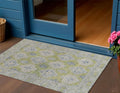 3 X 5 Artichoke Green And Blue Damask Washable Indoor Outdoor Area Rug