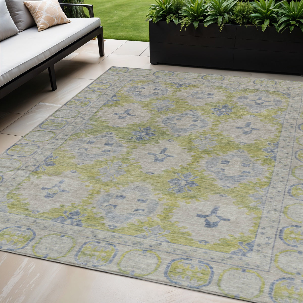 5 X 8 Artichoke Green And Blue Damask Washable Indoor Outdoor Area Rug