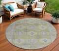 8 Artichoke Green And Blue Round Damask Washable Indoor Outdoor Area Rug