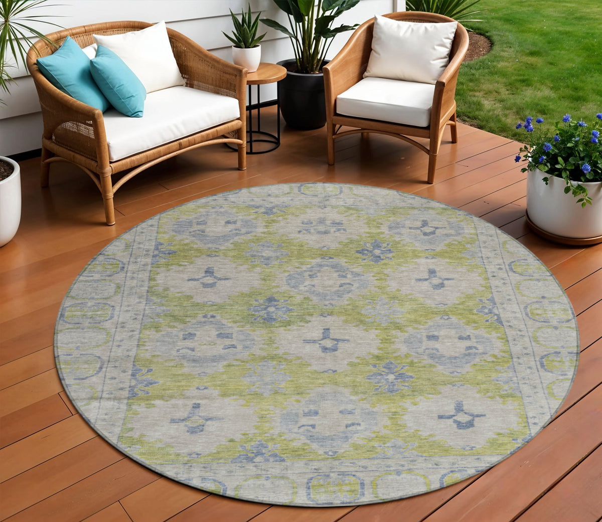 8 Artichoke Green And Blue Round Damask Washable Indoor Outdoor Area Rug