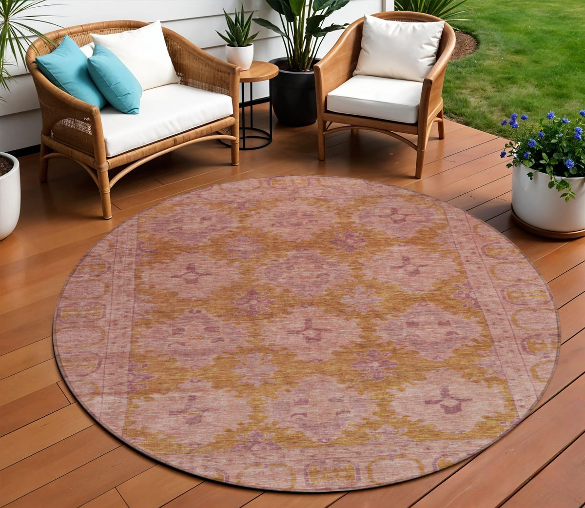 8 Blush And Orange Round Damask Washable Indoor Outdoor Area Rug