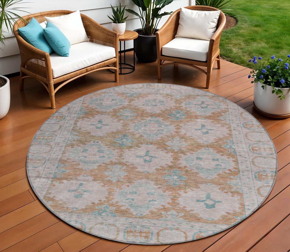 8 Terra Cotta And Teal Blue Round Damask Washable Indoor Outdoor Area Rug