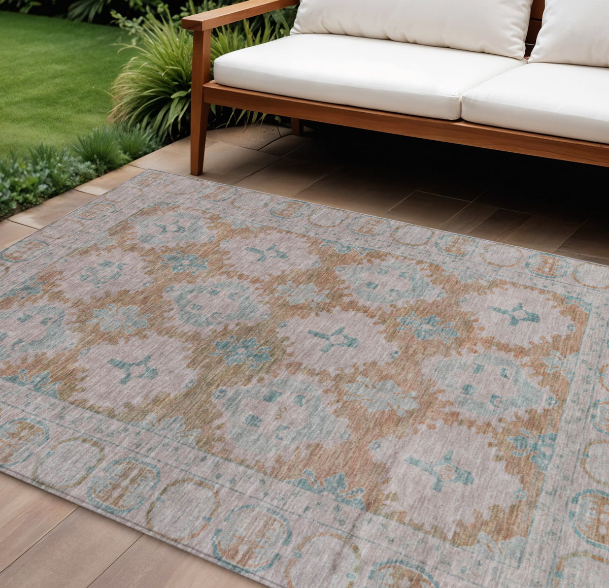 10 X 14 Terra Cotta And Teal Blue Damask Washable Indoor Outdoor Area Rug