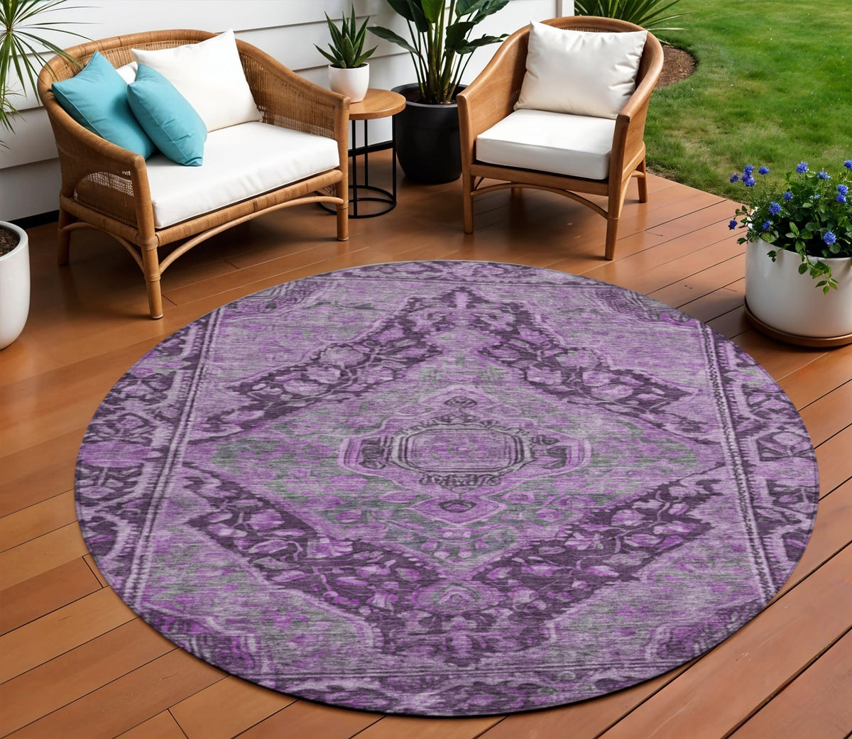 8 Eggplant And Lavender Round Medallion Washable Indoor Outdoor Area Rug