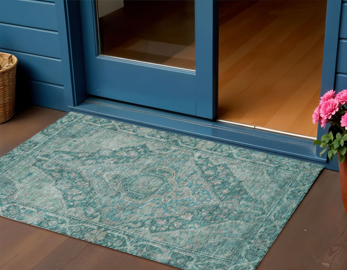 3 X 5 Teal Blue And Aqua Medallion Washable Indoor Outdoor Area Rug