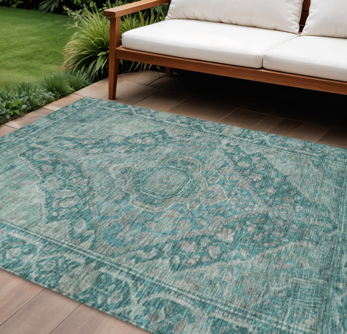 10 X 14 Teal Blue And Aqua Medallion Washable Indoor Outdoor Area Rug