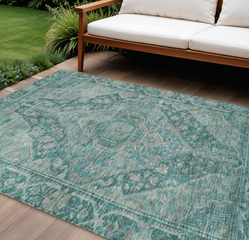 10 X 14 Teal Blue And Aqua Medallion Washable Indoor Outdoor Area Rug