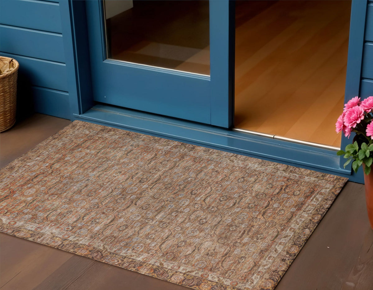 3 X 5 Copper And Peach Floral Washable Indoor Outdoor Area Rug