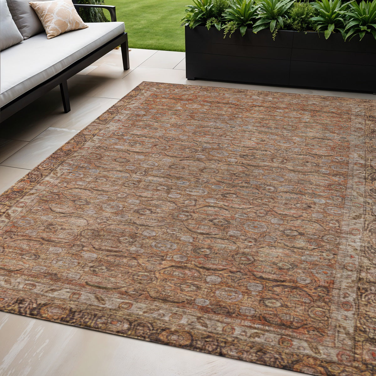 5 X 8 Copper And Peach Floral Washable Indoor Outdoor Area Rug