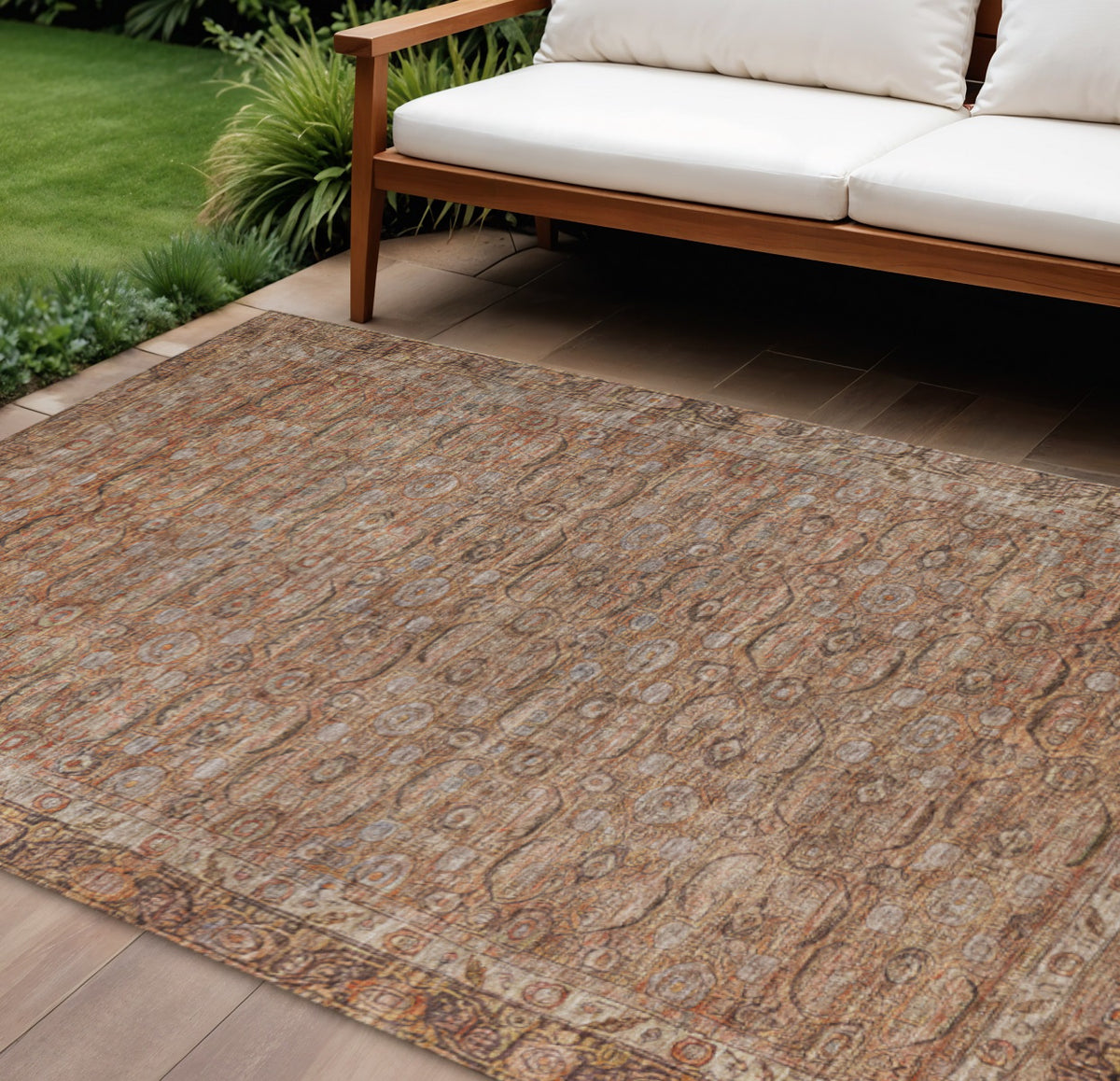 8 X 10 Copper And Peach Floral Washable Indoor Outdoor Area Rug