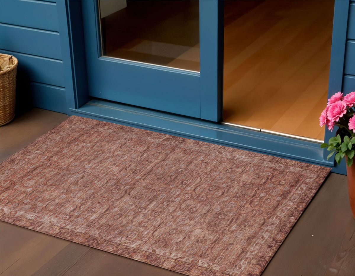 3 X 5 Terra Cotta And Rust Floral Washable Indoor Outdoor Area Rug