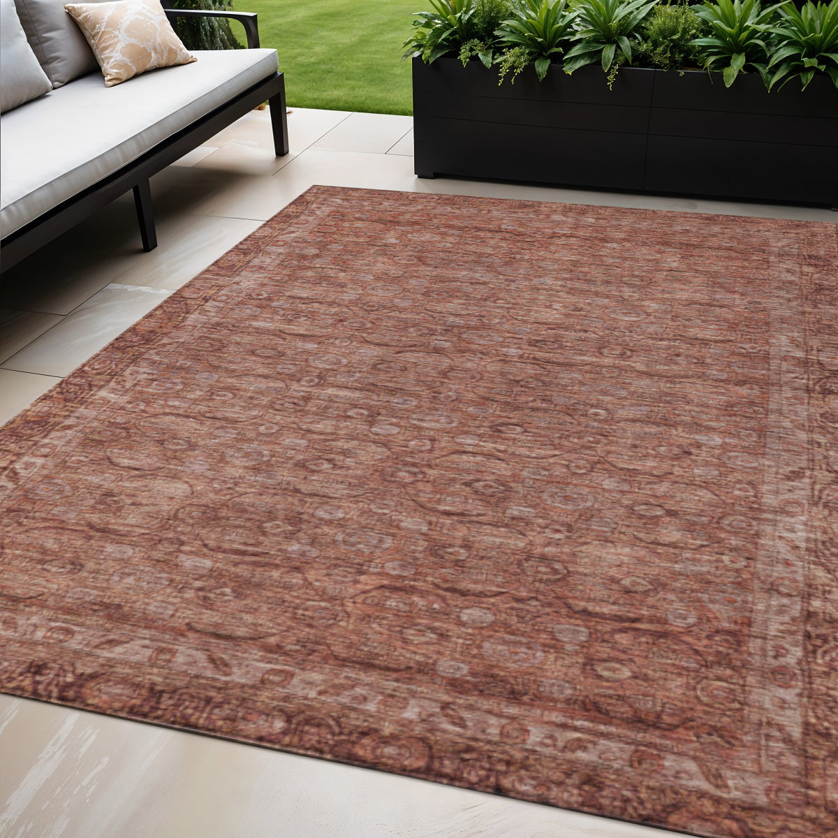 5 X 8 Terra Cotta And Rust Floral Washable Indoor Outdoor Area Rug