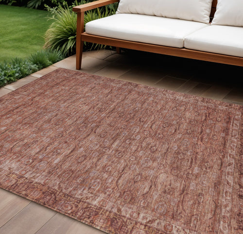 10 X 14 Terra Cotta And Rust Floral Washable Indoor Outdoor Area Rug