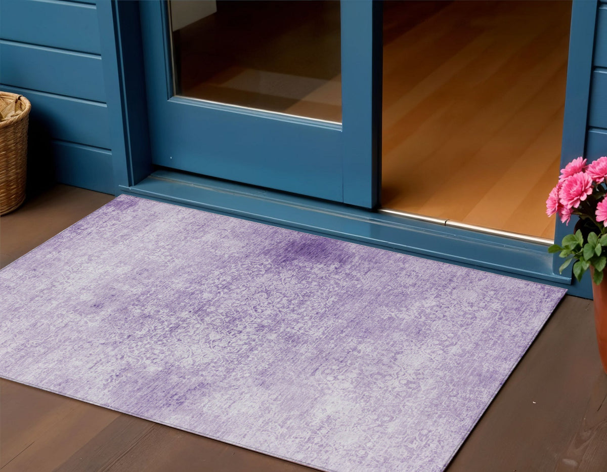 3 X 5 Lilac And Ivory Floral Medallion Washable Indoor Outdoor Area Rug