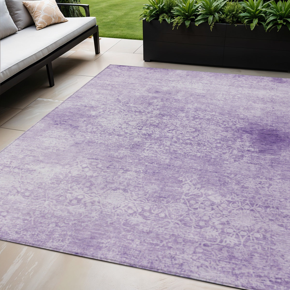 5 X 8 Lilac And Ivory Floral Medallion Washable Indoor Outdoor Area Rug