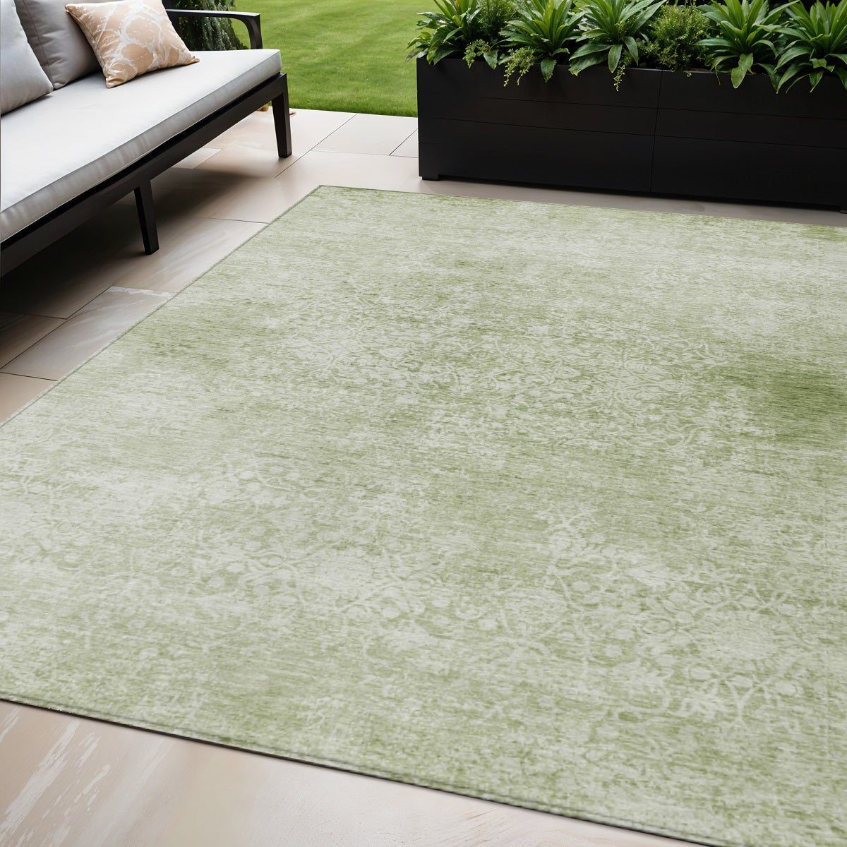 5 X 8 Sage And Ivory Floral Medallion Washable Indoor Outdoor Area Rug