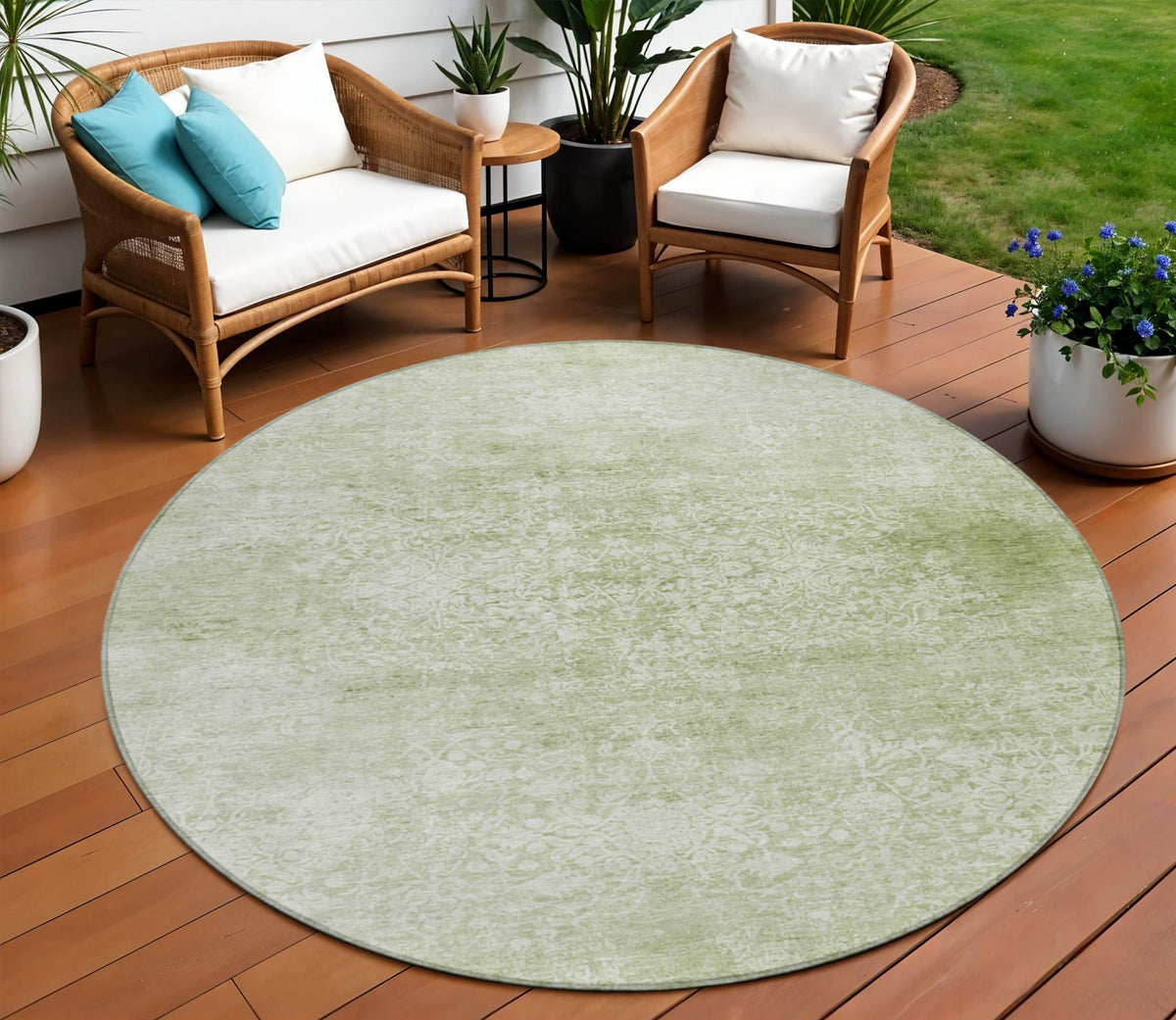 8 Sage And Ivory Round Floral Medallion Washable Indoor Outdoor Area Rug