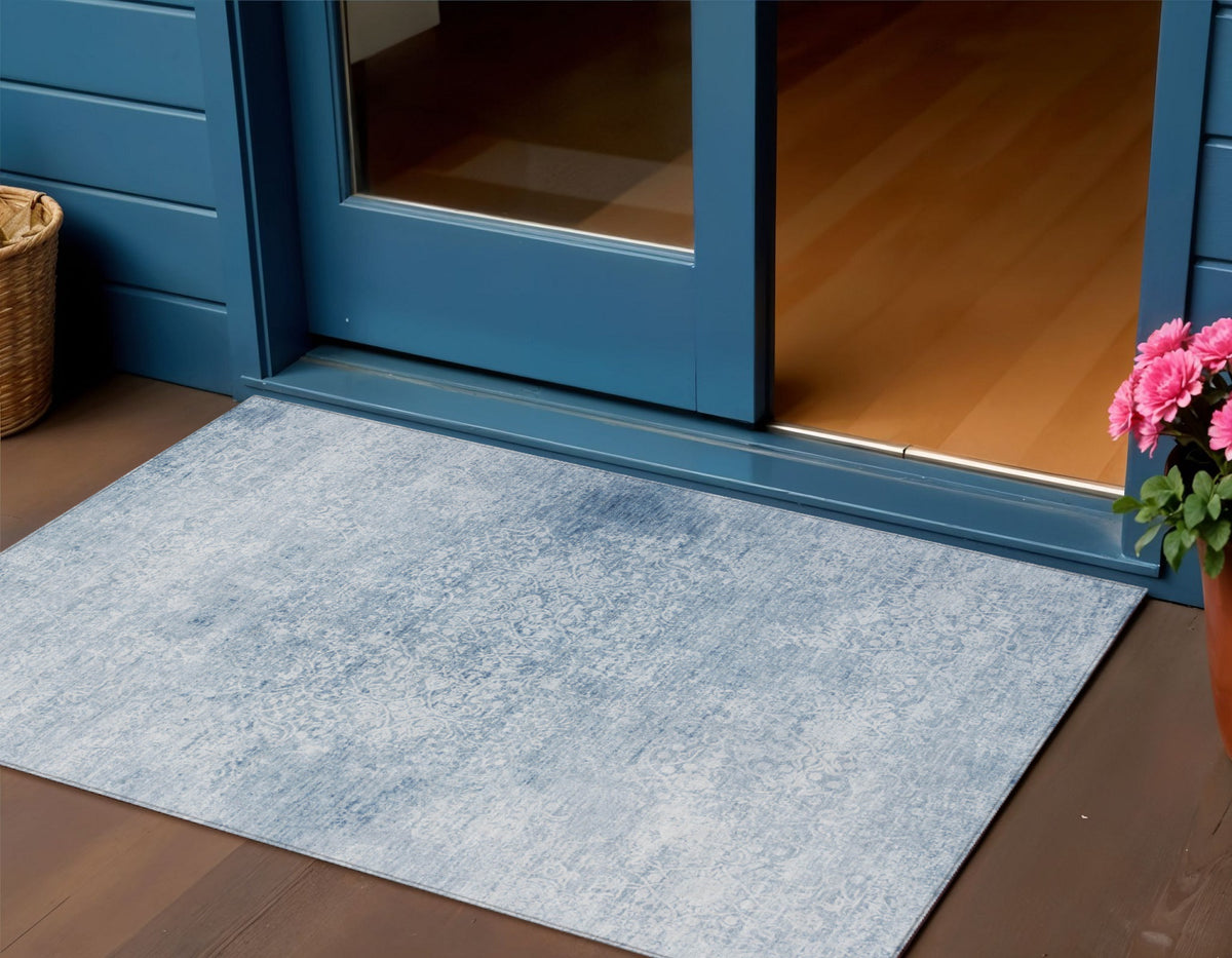 3 X 5 Sky Blue And Ivory Floral Medallion Washable Indoor Outdoor Area Rug