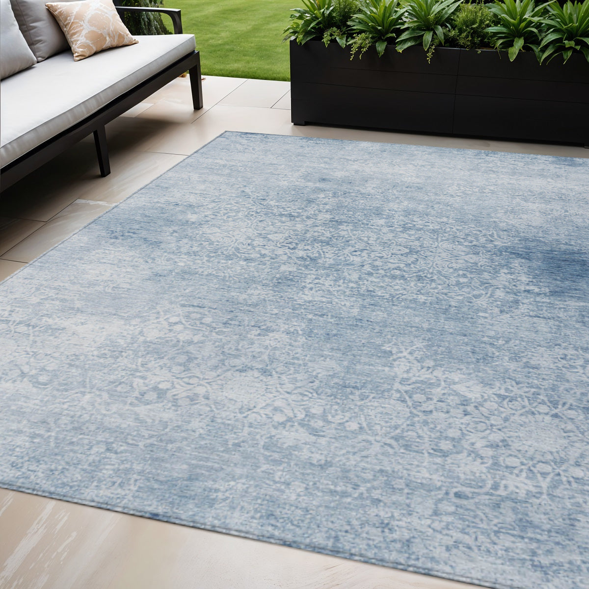 5 X 8 Sky Blue And Ivory Floral Medallion Washable Indoor Outdoor Area Rug