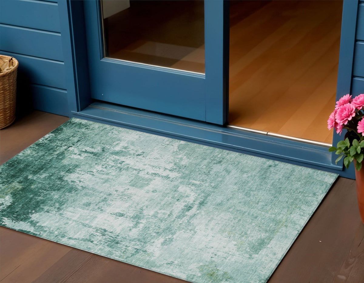 3 X 5 Aqua And Ivory Abstract Washable Indoor Outdoor Area Rug