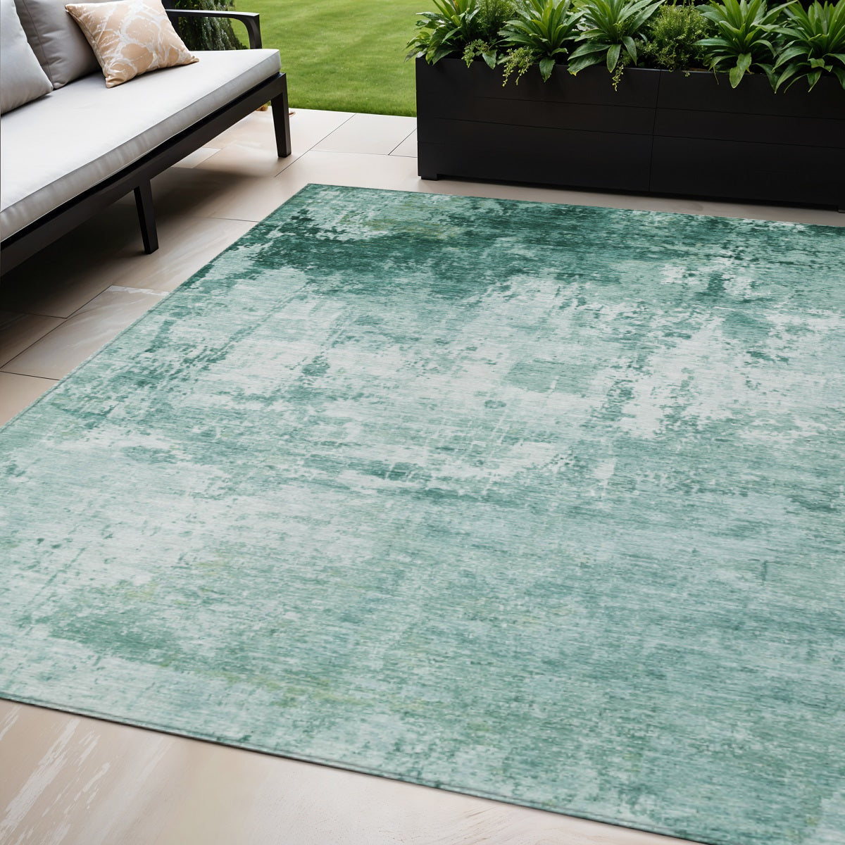 5 X 8 Aqua And Ivory Abstract Washable Indoor Outdoor Area Rug