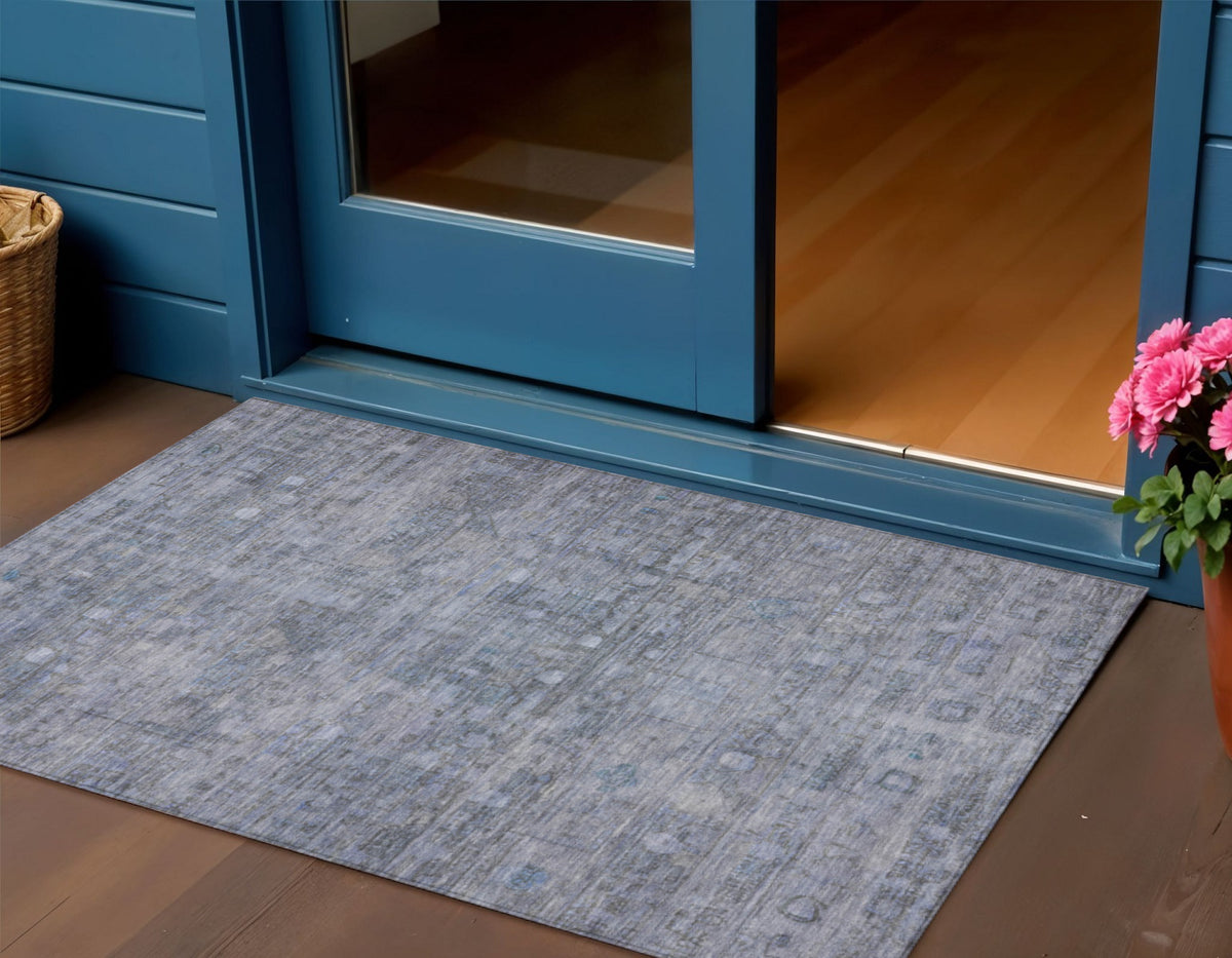 3 X 5 Blue And Gray Geometric Washable Indoor Outdoor Area Rug