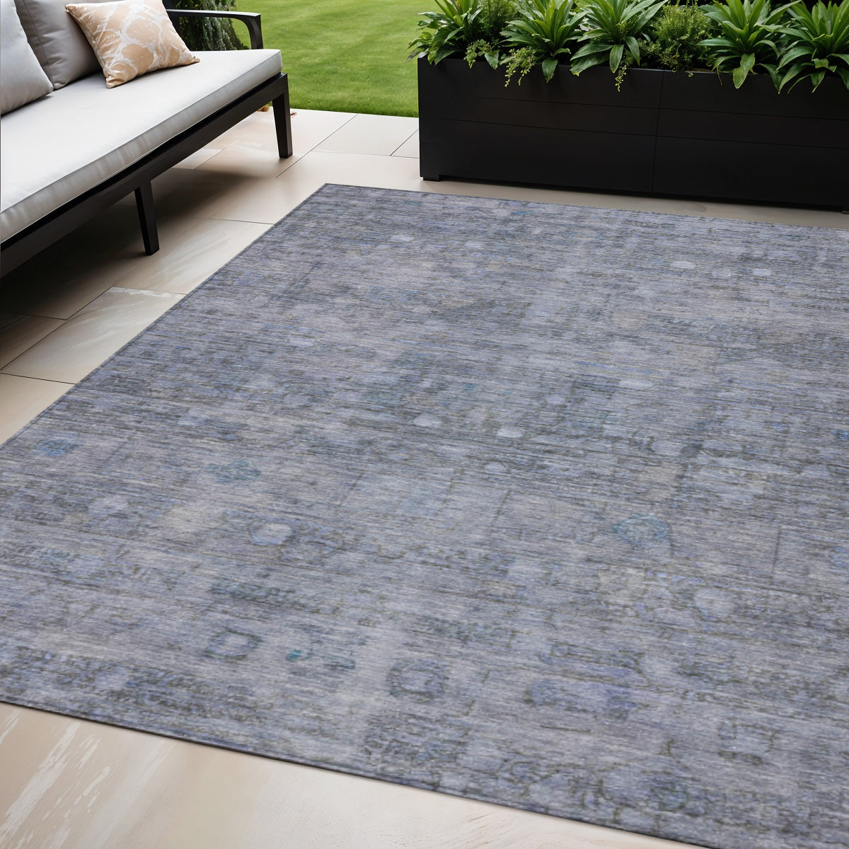 5 X 8 Blue And Gray Geometric Washable Indoor Outdoor Area Rug